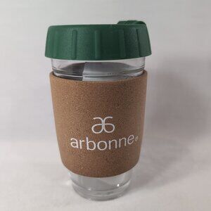 Arbonne Glass Cork Reusable Travel Mug Brown Silicone Green Lid Tumbler Koozi